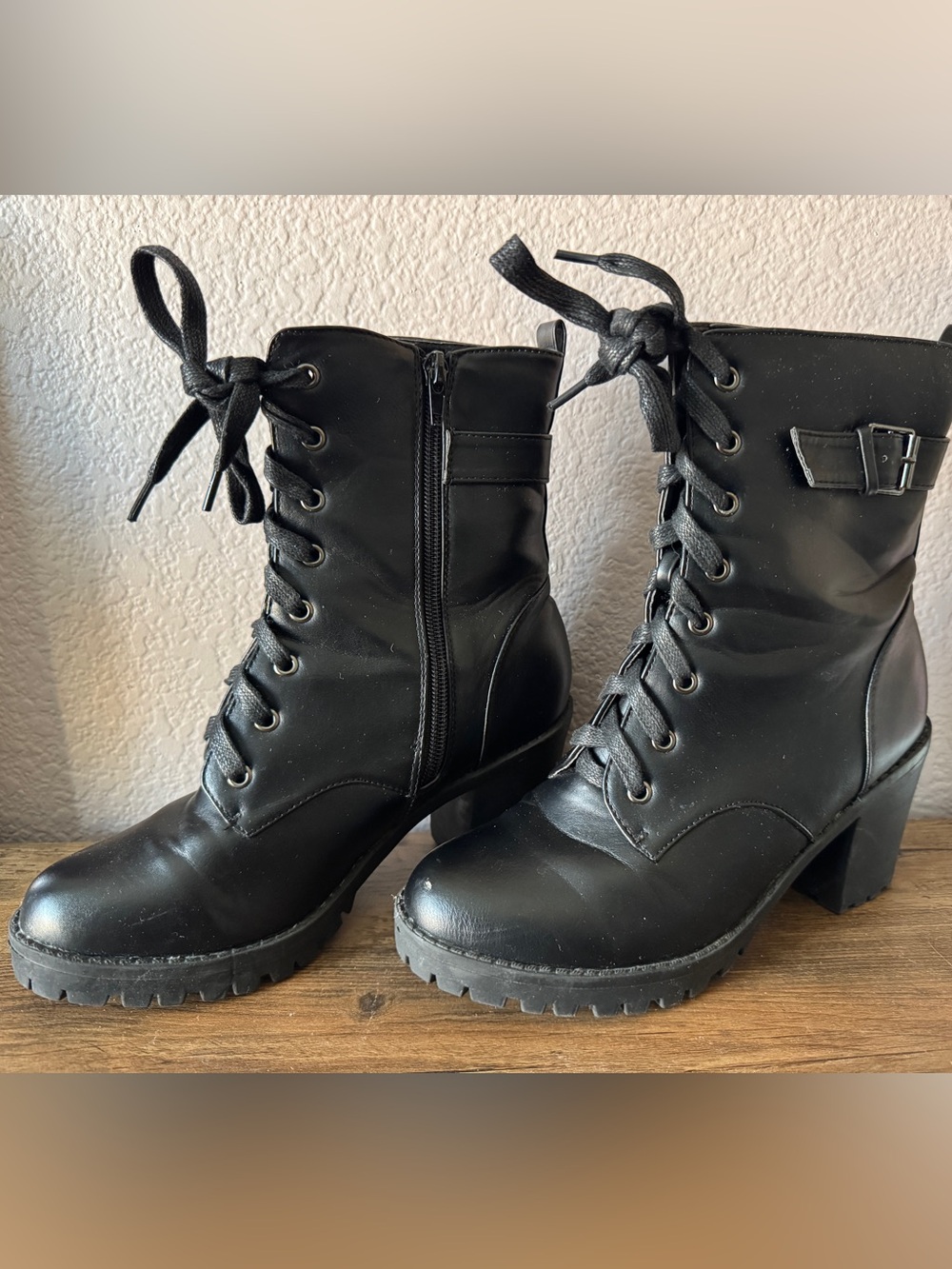 Black Leather Lace-up Combat Boots with Chunky Heel - Picture 2 of 3
